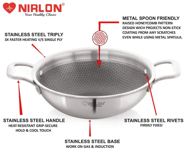 Prima Honeycomb Triply Stainless Steel Deep Kadai with Glass Lid- Wholesale Deals | Non-Toxic | Safe to Use | Easy Cleaning (Induction and Gas Stove Friendly) - Image 3