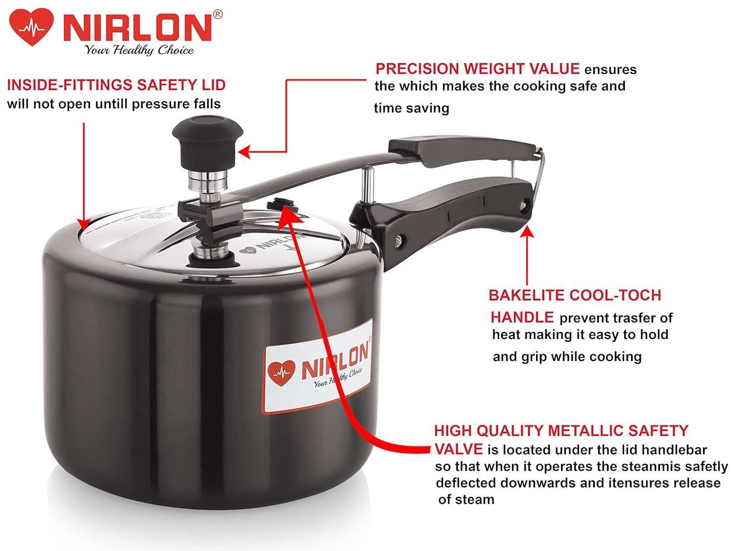 NIRLON Induction and Gas Compatible Hard Anodised Inner Lid Aluminium Pressure Cooker, Black - Image 4