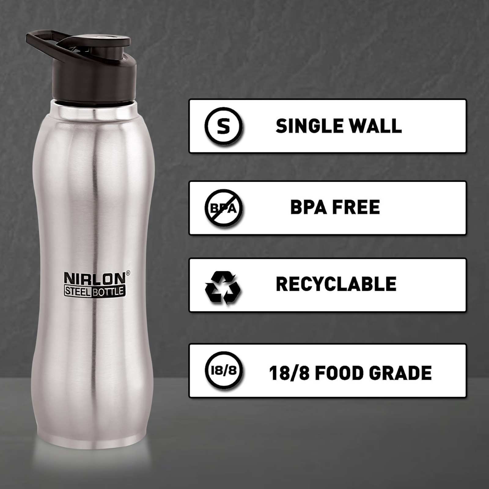 NIRLON Aqua Flip Single Wall Stainless Steel Water Bottle 750ml, Fridge Water Bottle / Sipper Water Bottles For Fridge, School,Gym,Home,office,Boys, Girls, Kids, Leak Proof(Silver COLOUR|SET OF 1) - Image 6
