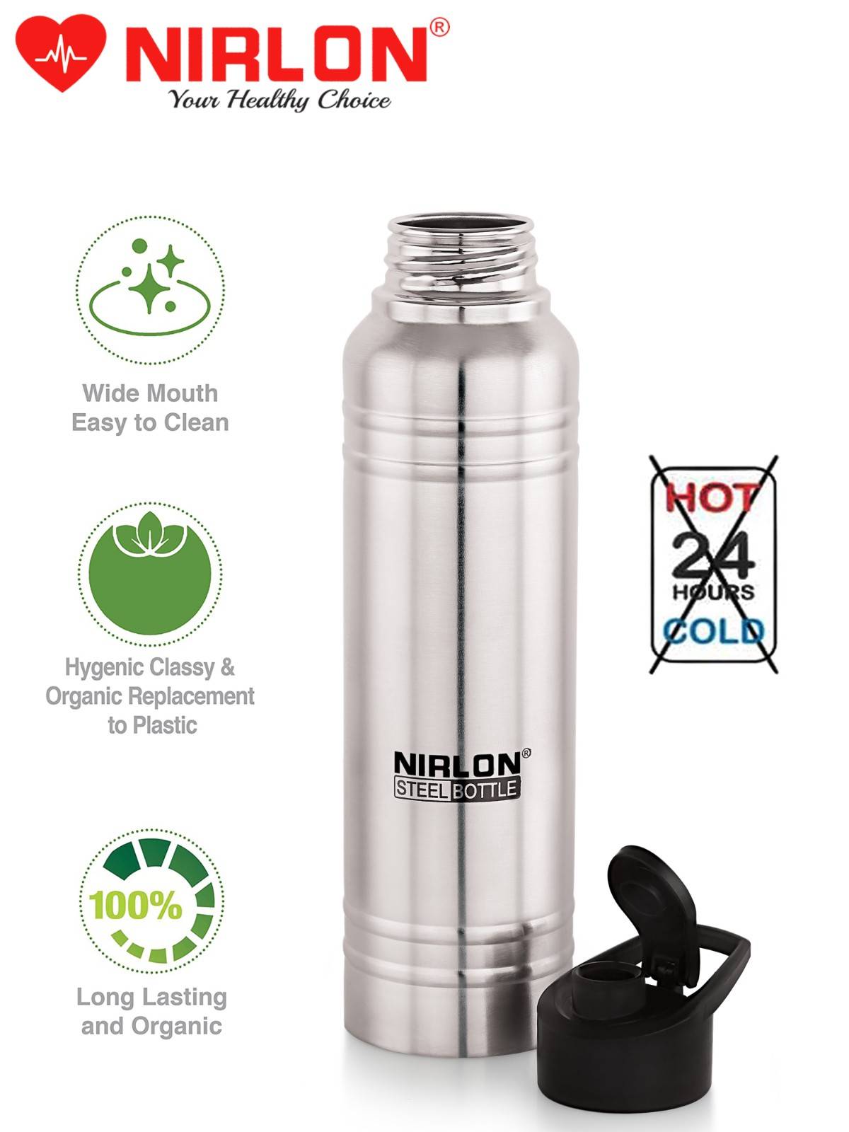 NIRLON Polo Sport Flip Single Wall Stainless Steel Bottle with Flip Cap, Set of 1, 1000ml|Silver|100% Leak Proof|Office Bottle|Gym Bottle |Hiking |Treking Bottle|Travel Bottle|Fridge Bottle - Image 4