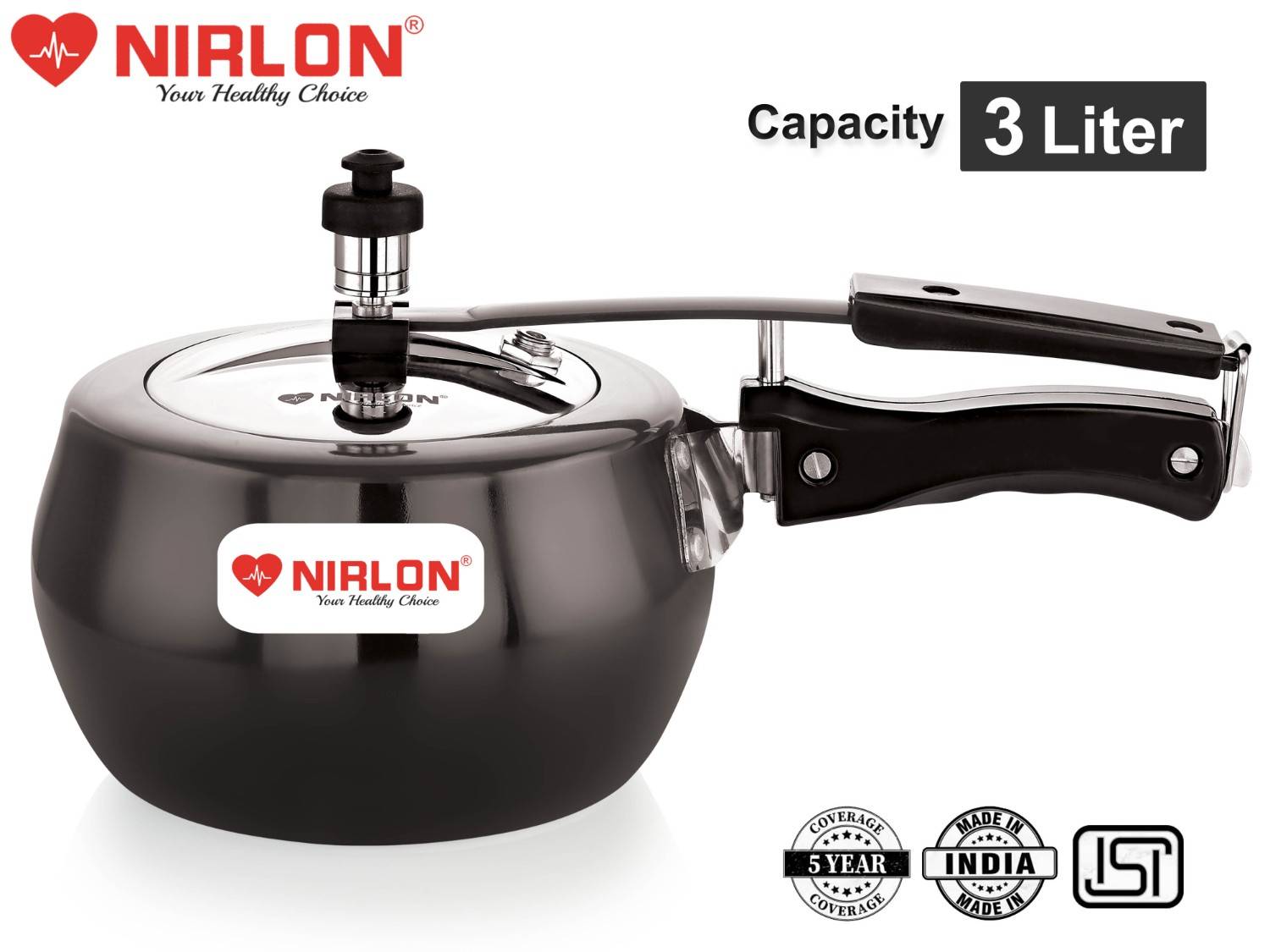 NIRLON Induction Base Hard Anodized Aluminium Inner Lid Matka Pressure Cooker, Black, 3 Litres - Image 2