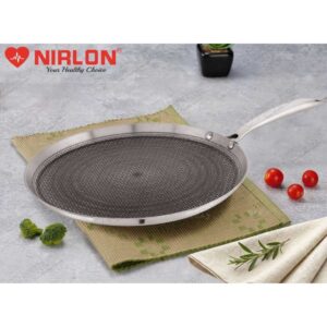 NIRLON Platinum Honeycomb Triply Stainless Steel Cookware Flat Tawa 27cm with Cool Touch Handles|Safe to Use|Uniform Heating|Metal Spatula Friendly (Induction and Gas Stove Friendly)