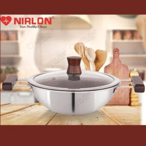 NIRLON Woody Honeycomb Triply Wooden Handle Stainless Steel Cookware Deep Kadhai | Glass Lid | Safe to Use | Uniform Heating | Metal Spatula Friendly (Induction and Gas Stove Friendly)