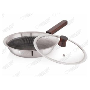 NIRLON Woody Honeycomb Triply Wooden Handle Stainless Steel Cookware Fry Pan with Glass Lid | Safe to Use | Uniform Heating | Metal Spatula Friendly (Induction and Gas Stove Friendly)