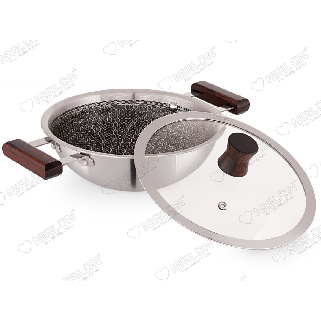 NIRLON Woody Honeycomb Triply Wooden Handle Stainless Steel Cookware Deep Kadhai | Glass Lid | Safe to Use | Uniform Heating | Metal Spatula Friendly (Induction and Gas Stove Friendly) - Image 2