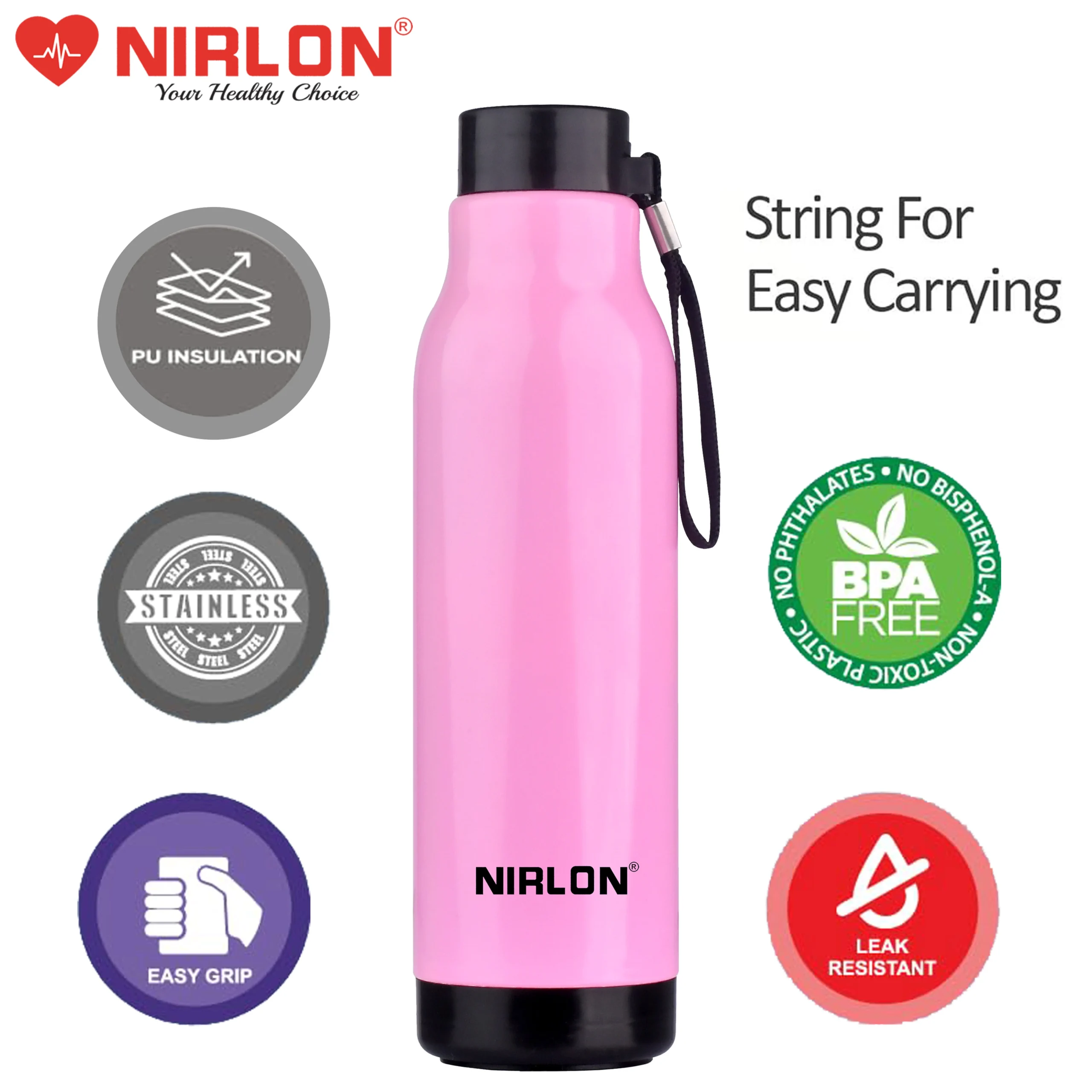NIRLON LOKI PU Insulated Stainless Steel Inner Side Set of 1, 480ml Each Bottle, Break Proof, Leak Proof, Hot & Cold Water Bottle for Home| School | Office | Gym | Hiking | Travel Bottle (Pink) - Image 4