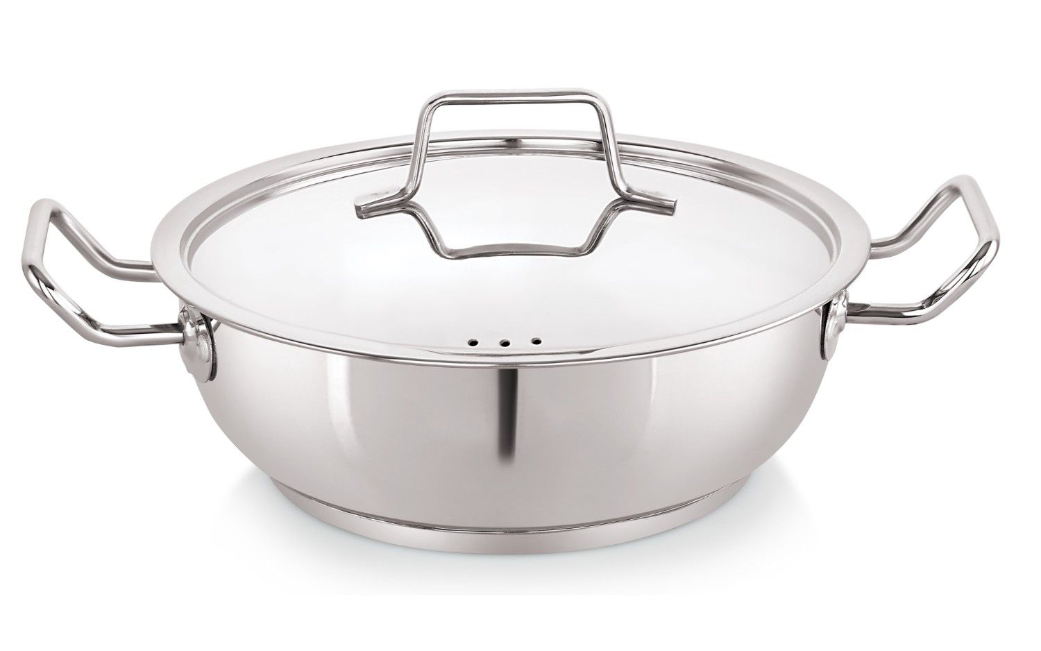 NIRLON Deluxe Stainless Steel Flat Kadai with Steel Lid, Induction Friendly, Impact Bonded Tri-ply Bottom