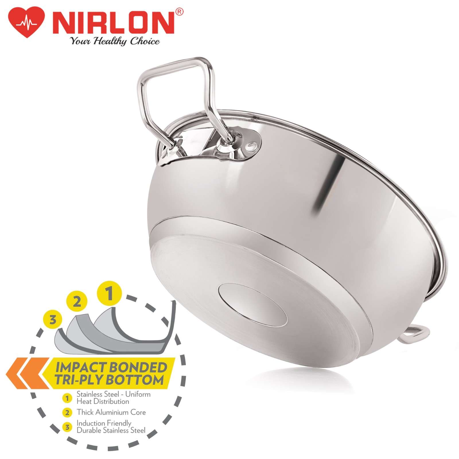 NIRLON Deluxe Stainless Steel Flat Kadai with Steel Lid, Induction Friendly, Impact Bonded Tri-ply Bottom - Image 2