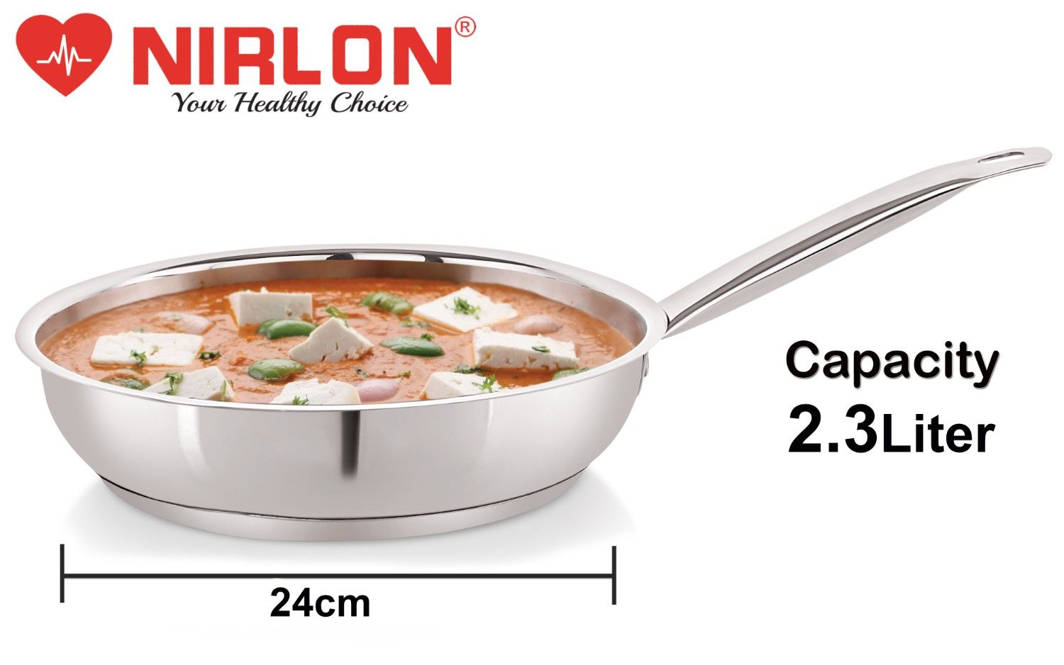 NIRLON Deluxe Stainless Steel Fry Pan, Induction Friendly, Impact Bonded Tri-ply Bottom 24cm | 2.3 Liter - Image 3