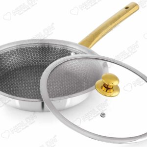 NIRLON Karat Honeycomb Triply Stainless Steel Fry Pan with PVD Coated Golden Handles | Glass Lid | Safe to Use | Uniform Heating | Metal Spatula Friendly (Induction and Gas Stove Friendly)