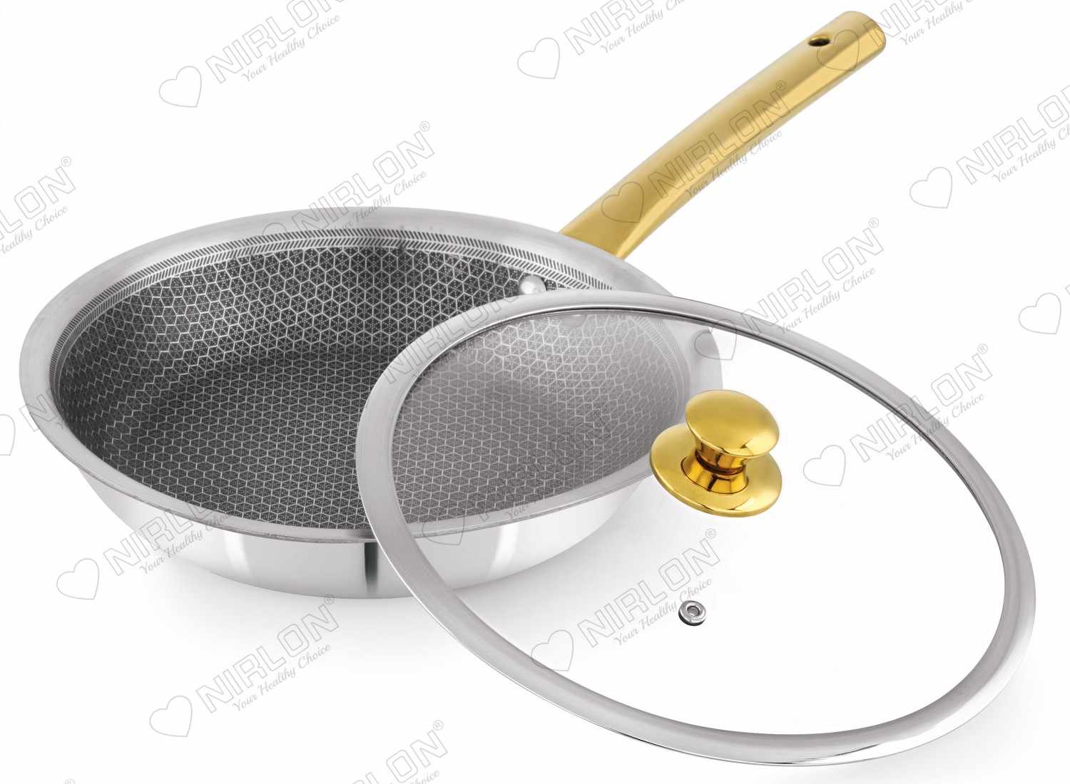 NIRLON Karat Honeycomb Triply Stainless Steel Fry Pan with PVD Coated Golden Handles | Glass Lid | Safe to Use | Uniform Heating | Metal Spatula Friendly (Induction and Gas Stove Friendly)