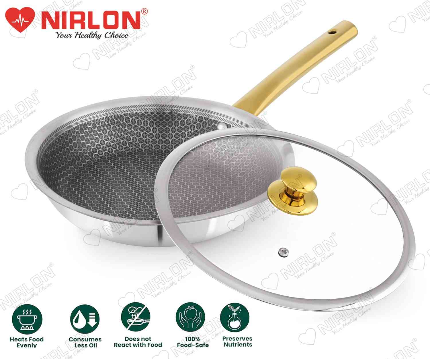 NIRLON Karat Honeycomb Triply Stainless Steel Fry Pan with PVD Coated Golden Handles | Glass Lid | Safe to Use | Uniform Heating | Metal Spatula Friendly (Induction and Gas Stove Friendly) - Image 2