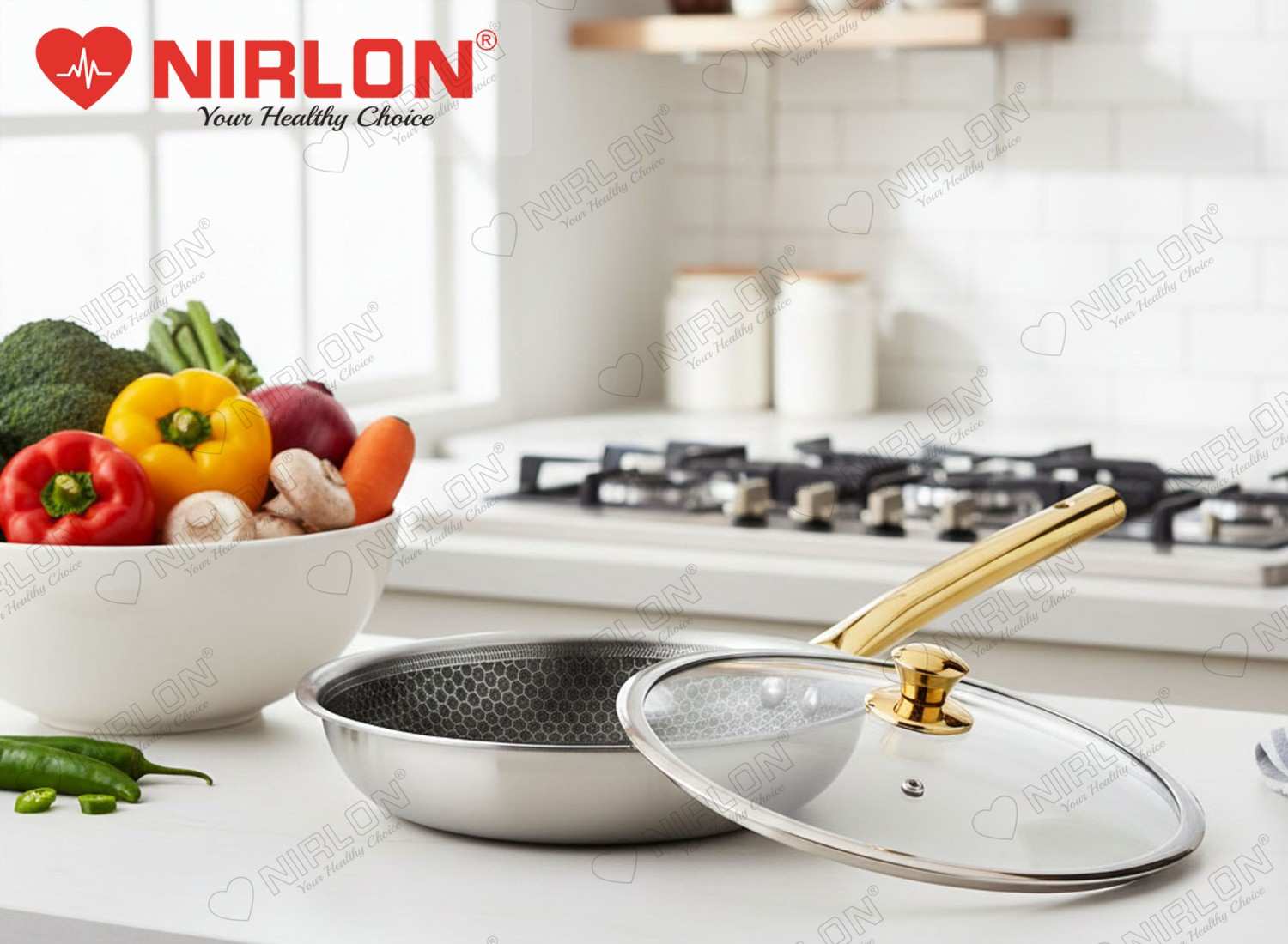 NIRLON Karat Honeycomb Triply Stainless Steel Fry Pan with PVD Coated Golden Handles | Glass Lid | Safe to Use | Uniform Heating | Metal Spatula Friendly (Induction and Gas Stove Friendly) - Image 6
