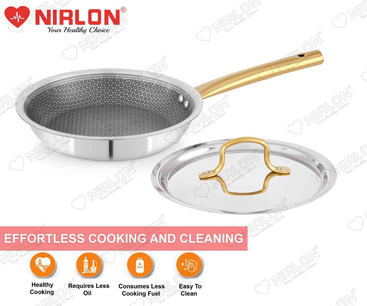 NIRLON Karat Honeycomb Triply Stainless Steel Fry Pan with PVD Coated Golden Handles | Glass Lid | Safe to Use | Uniform Heating | Metal Spatula Friendly (Induction and Gas Stove Friendly) - Image 7