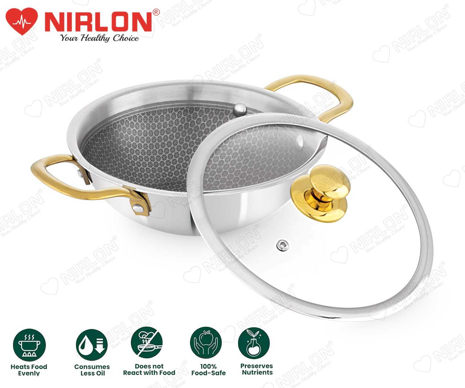 NIRLON Karat Honeycomb Triply Stainless Steel Deep Kadhai | Glass Lid & Steel Lid | Safe to Use | Uniform Heating | Metal Spatula Friendly (Induction and Gas Stove Friendly) - Image 5