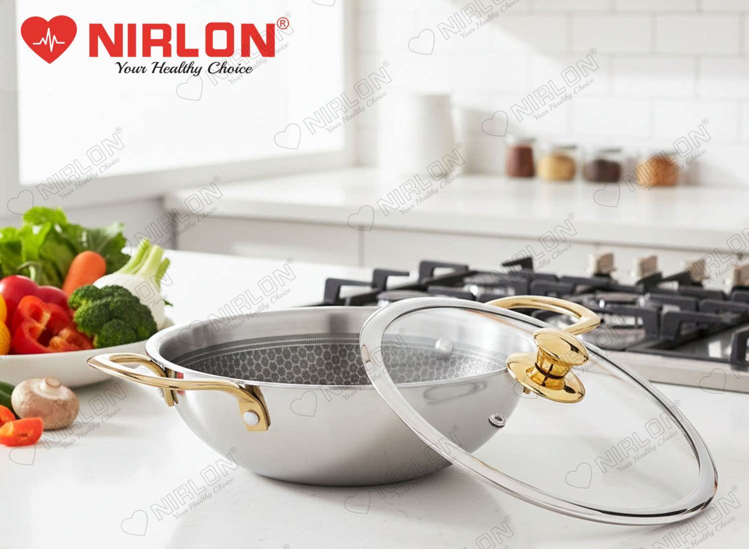 NIRLON Karat Honeycomb Triply Stainless Steel Deep Kadhai | Glass Lid & Steel Lid | Safe to Use | Uniform Heating | Metal Spatula Friendly (Induction and Gas Stove Friendly) - Image 2