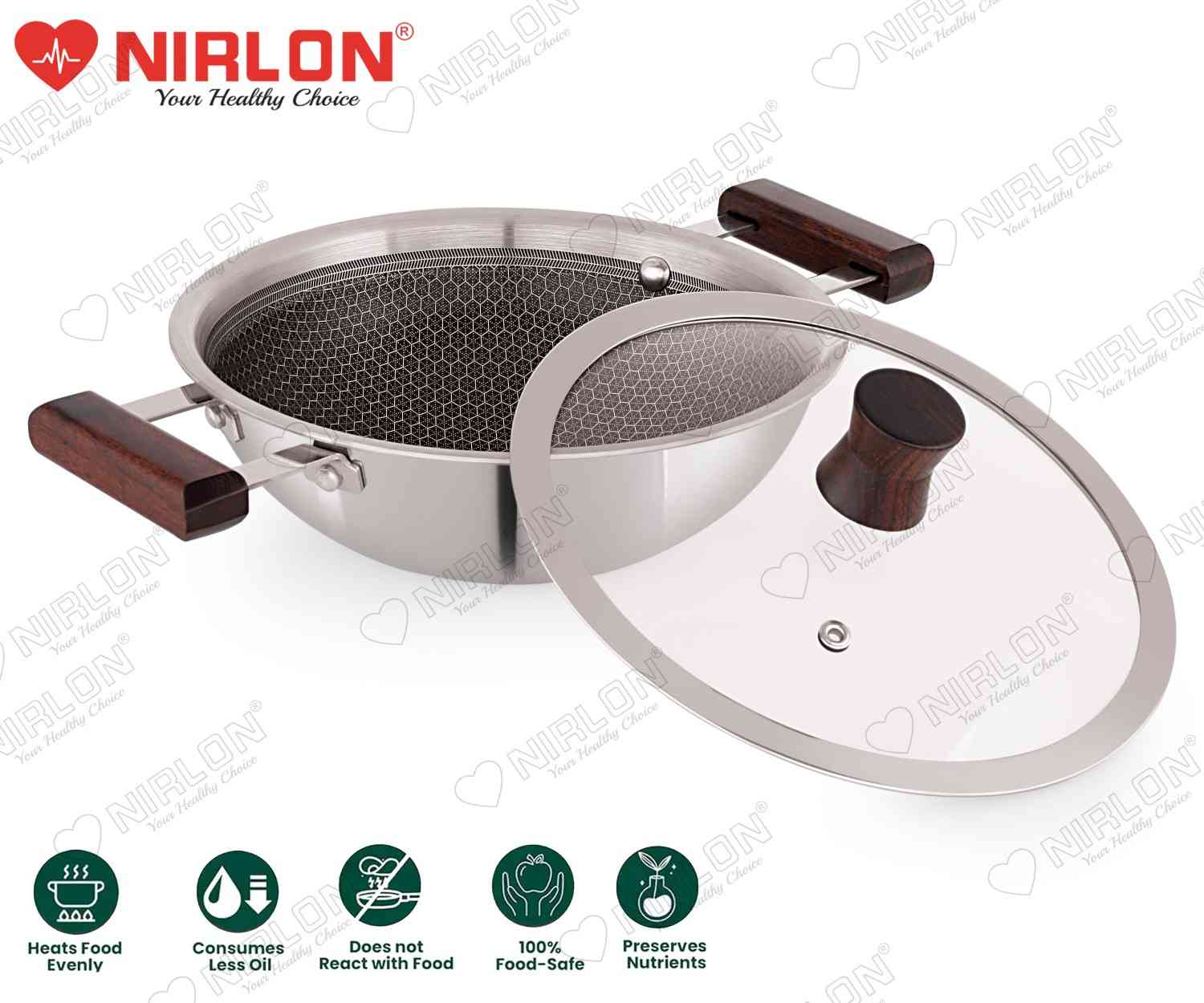 NIRLON Woody Honeycomb Triply Wooden Handle Stainless Steel Cookware Deep Kadhai | Glass Lid | Safe to Use | Uniform Heating | Metal Spatula Friendly (Induction and Gas Stove Friendly) - Image 5