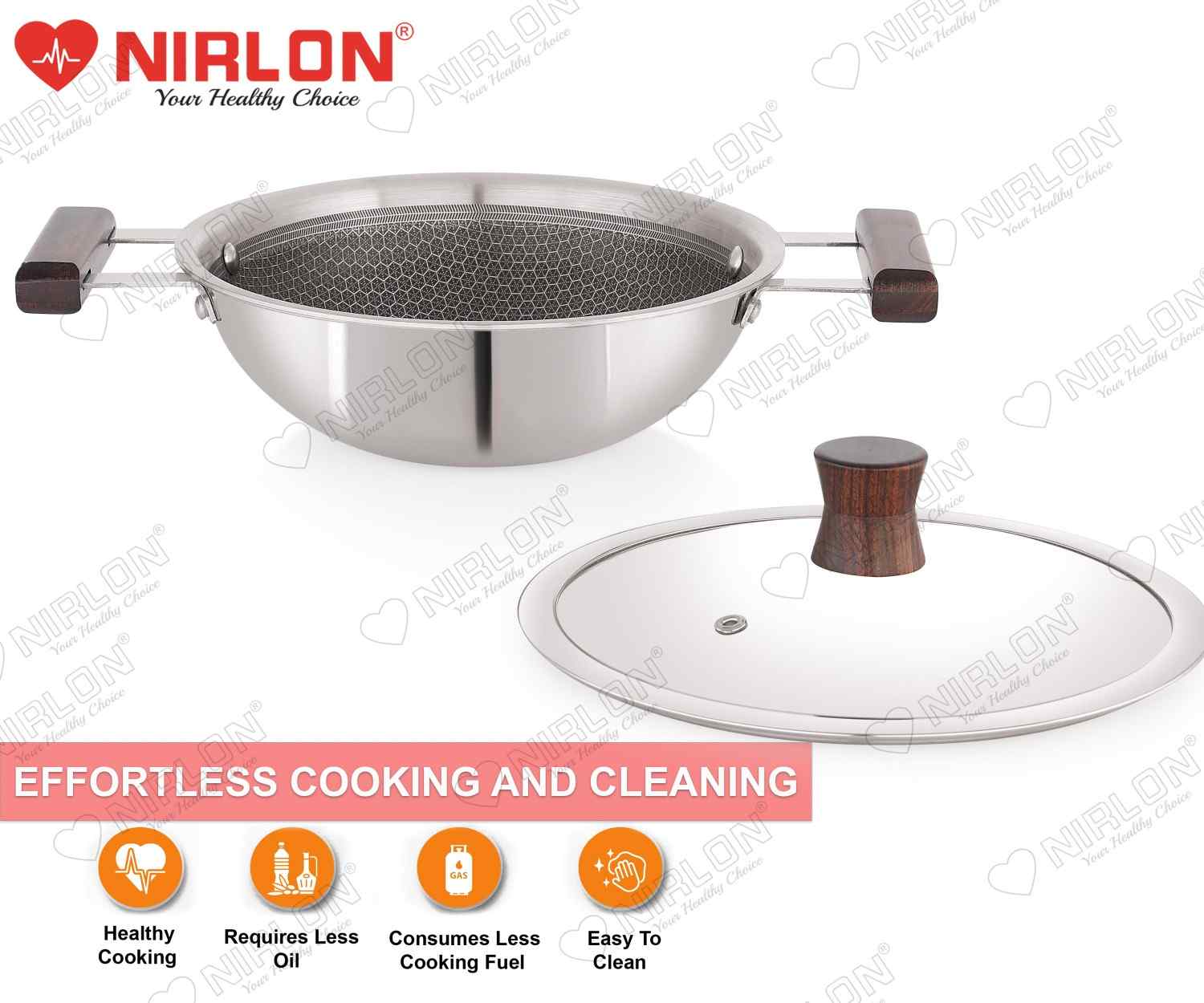 NIRLON Woody Honeycomb Triply Wooden Handle Stainless Steel Cookware Deep Kadhai | Glass Lid | Safe to Use | Uniform Heating | Metal Spatula Friendly (Induction and Gas Stove Friendly) - Image 4