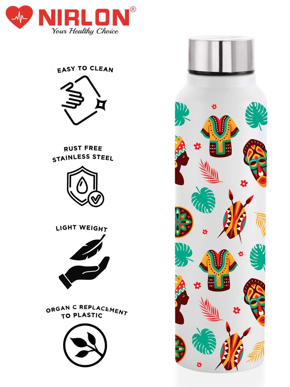 NIRLON Tribal Art UV Printing & 3D Embossed Water Bottle, Stainless Steel Bottle Wide Mouth, Leak Proof | Single Walled Suitable for Both Indoor & Outdoor 1000ML Capacity Set of 1 - Image 5