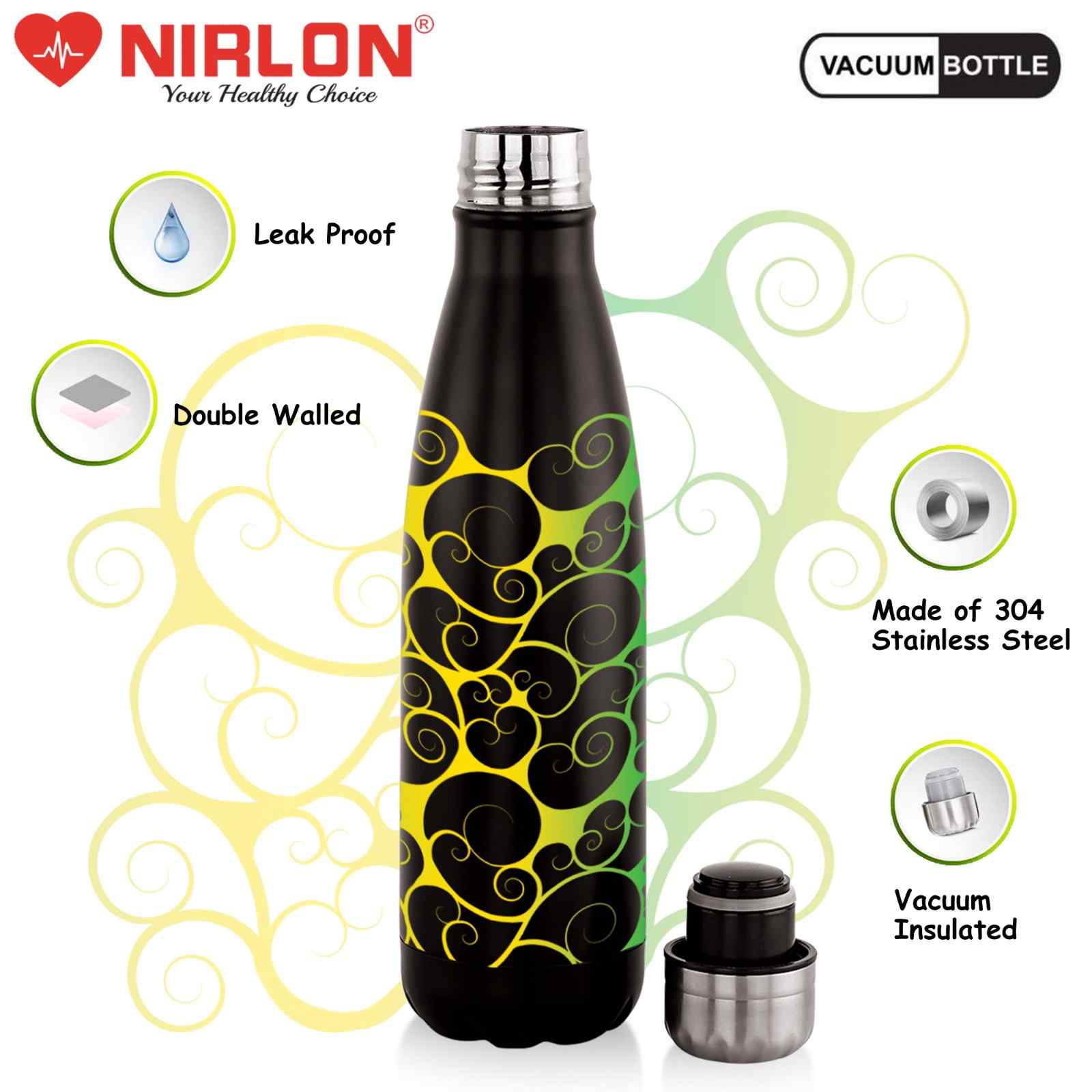 NIRLON Cola Black Stainless Steel Double Wall Vaccum Insulated Bottle 500ml Leak Proof/Insulated Hot & Cold Water Bottle Flask/Office, Gym, Travel Bottle (UV Printed Bottle|Swirl) - Image 4