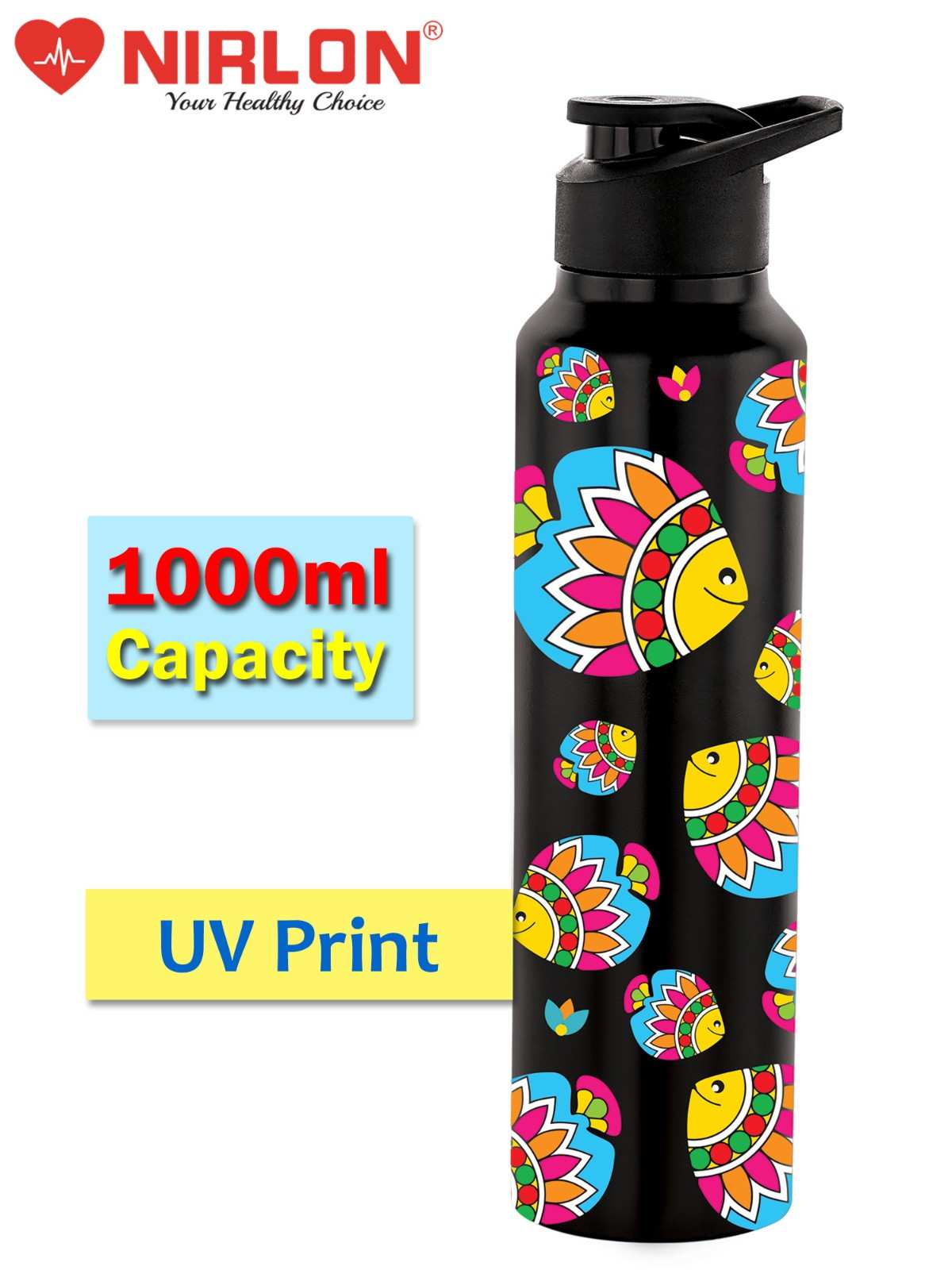 NIRLON Classic Flip UV Printed Single Wall Stainless Steel Sipper Cap Water Bottle 1000ml |Fridge Water Bottle| Office Bottle|Gym Bottle|School Bottle|Treking Bottle|Travel Bottle (Artsy Fish Design) - Image 8