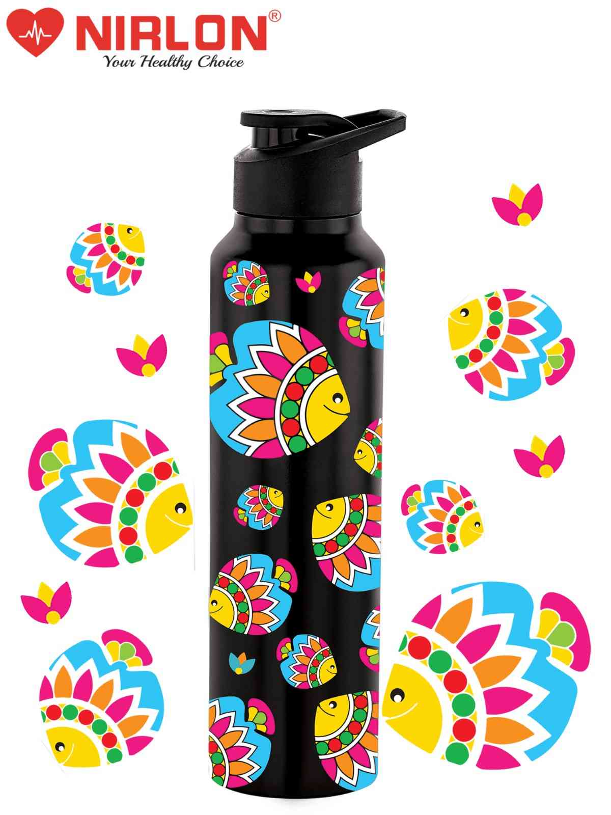 NIRLON Classic Flip UV Printed Single Wall Stainless Steel Sipper Cap Water Bottle 1000ml |Fridge Water Bottle| Office Bottle|Gym Bottle|School Bottle|Treking Bottle|Travel Bottle (Artsy Fish Design) - Image 7