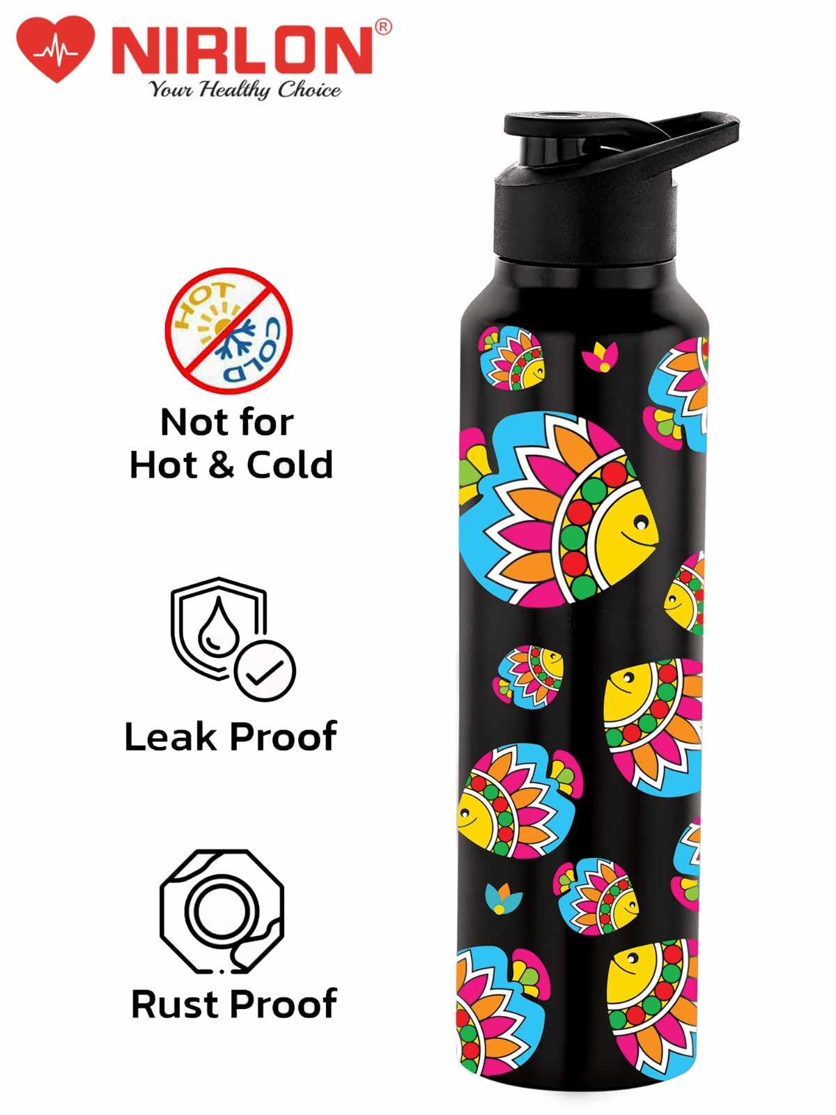 NIRLON Classic Flip UV Printed Single Wall Stainless Steel Sipper Cap Water Bottle 1000ml |Fridge Water Bottle| Office Bottle|Gym Bottle|School Bottle|Treking Bottle|Travel Bottle (Artsy Fish Design) - Image 6