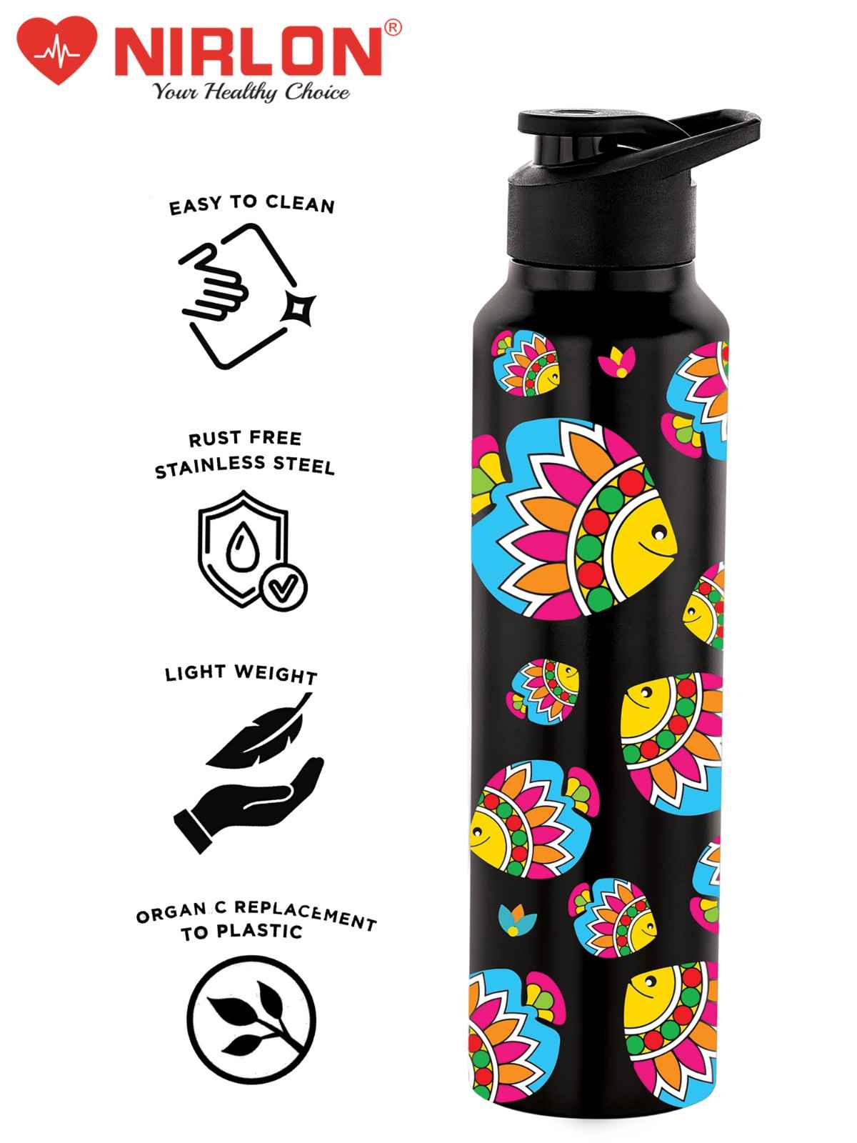 NIRLON Classic Flip UV Printed Single Wall Stainless Steel Sipper Cap Water Bottle 1000ml |Fridge Water Bottle| Office Bottle|Gym Bottle|School Bottle|Treking Bottle|Travel Bottle (Artsy Fish Design) - Image 5