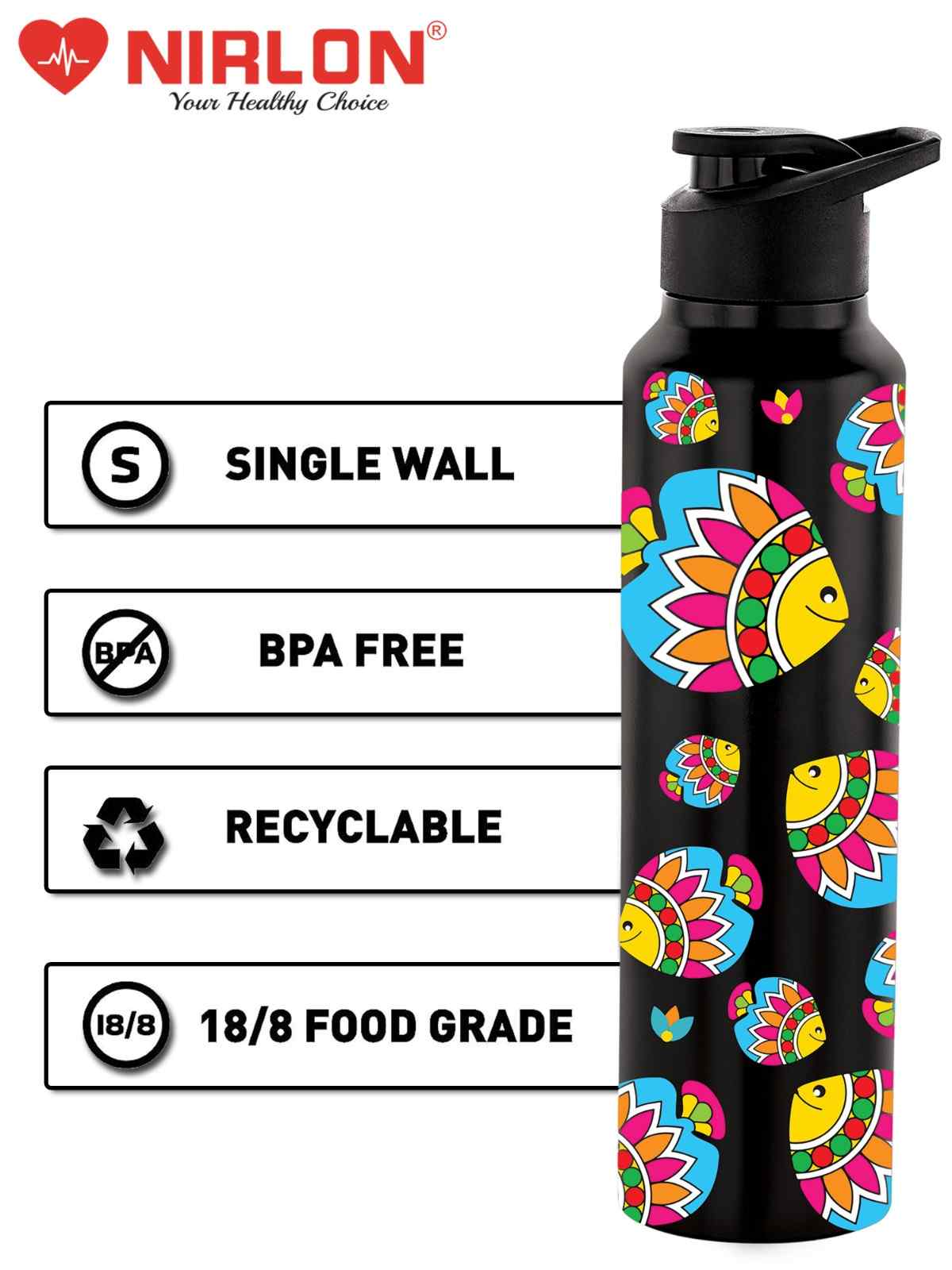 NIRLON Classic Flip UV Printed Single Wall Stainless Steel Sipper Cap Water Bottle 1000ml |Fridge Water Bottle| Office Bottle|Gym Bottle|School Bottle|Treking Bottle|Travel Bottle (Artsy Fish Design) - Image 4