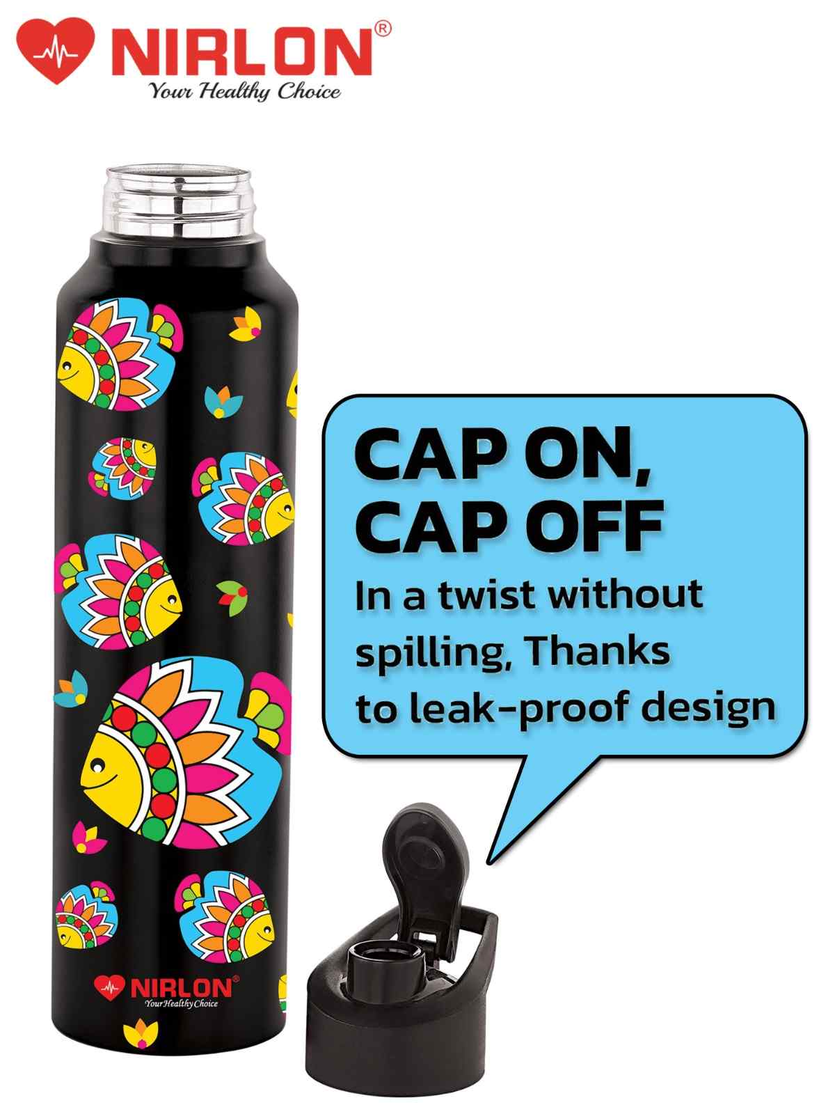 NIRLON Classic Flip UV Printed Single Wall Stainless Steel Sipper Cap Water Bottle 1000ml |Fridge Water Bottle| Office Bottle|Gym Bottle|School Bottle|Treking Bottle|Travel Bottle (Artsy Fish Design) - Image 3