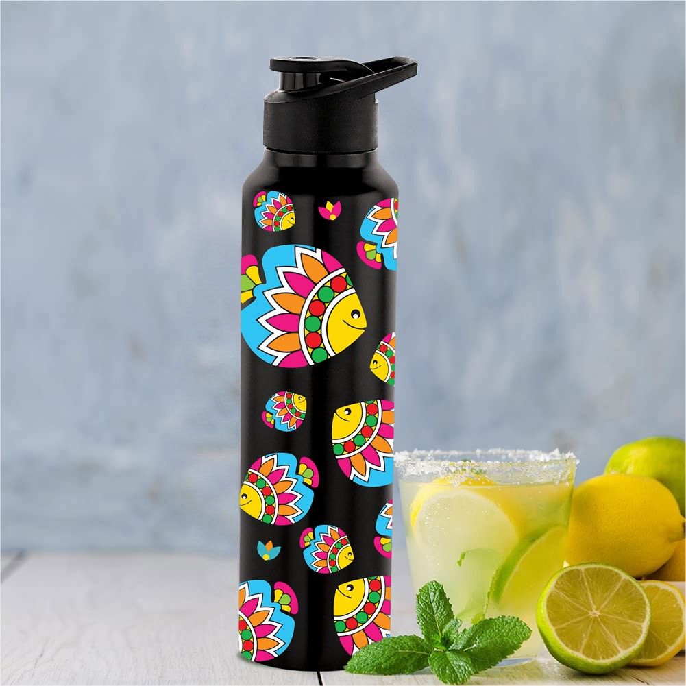 NIRLON Classic Flip UV Printed Single Wall Stainless Steel Sipper Cap Water Bottle 1000ml |Fridge Water Bottle| Office Bottle|Gym Bottle|School Bottle|Treking Bottle|Travel Bottle (Artsy Fish Design)