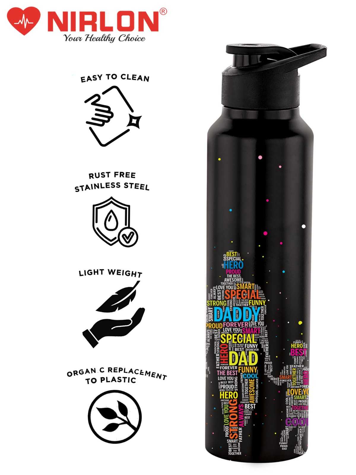 NIRLON Classic Flip UV Printed Single Wall Stainless Steel Sipper Cap Water Bottle 1000ml |Fridge Water Bottle| Office Bottle|Gym Bottle|School Bottle|Treking Bottle|Travel Bottle (Dad Design) - Image 5