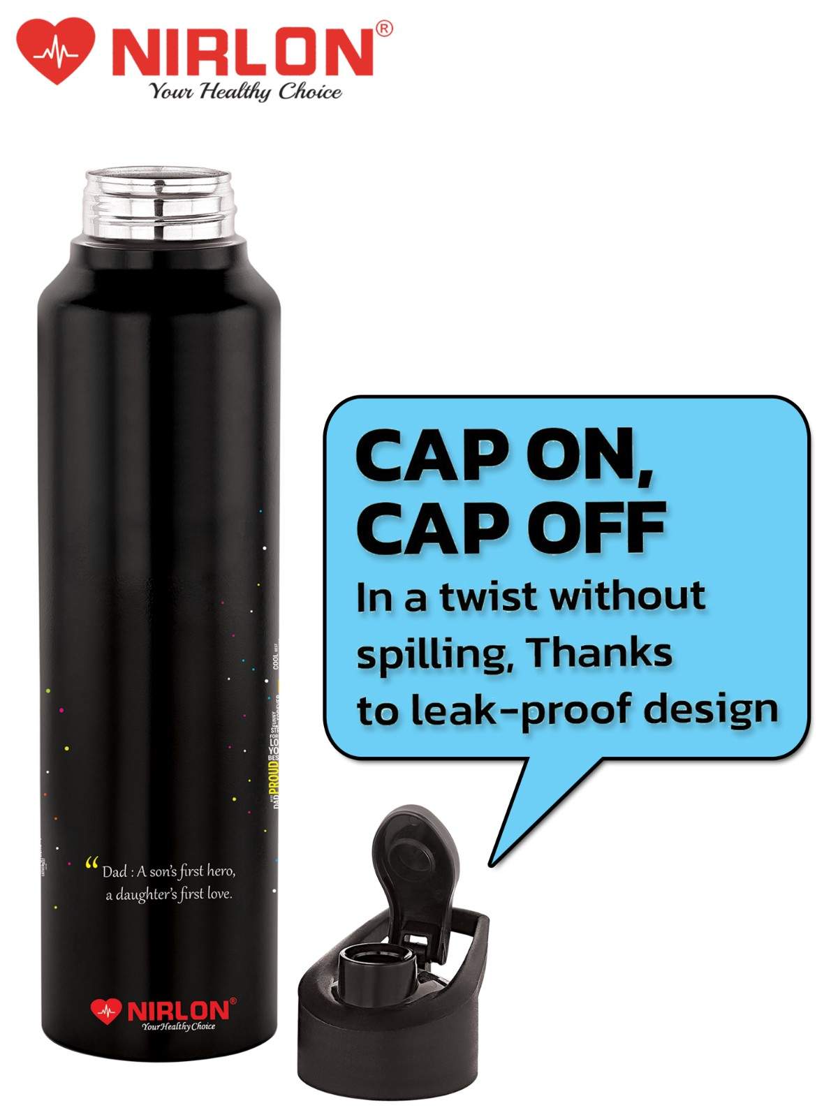 NIRLON Classic Flip UV Printed Single Wall Stainless Steel Sipper Cap Water Bottle 1000ml |Fridge Water Bottle| Office Bottle|Gym Bottle|School Bottle|Treking Bottle|Travel Bottle (Dad Design) - Image 4
