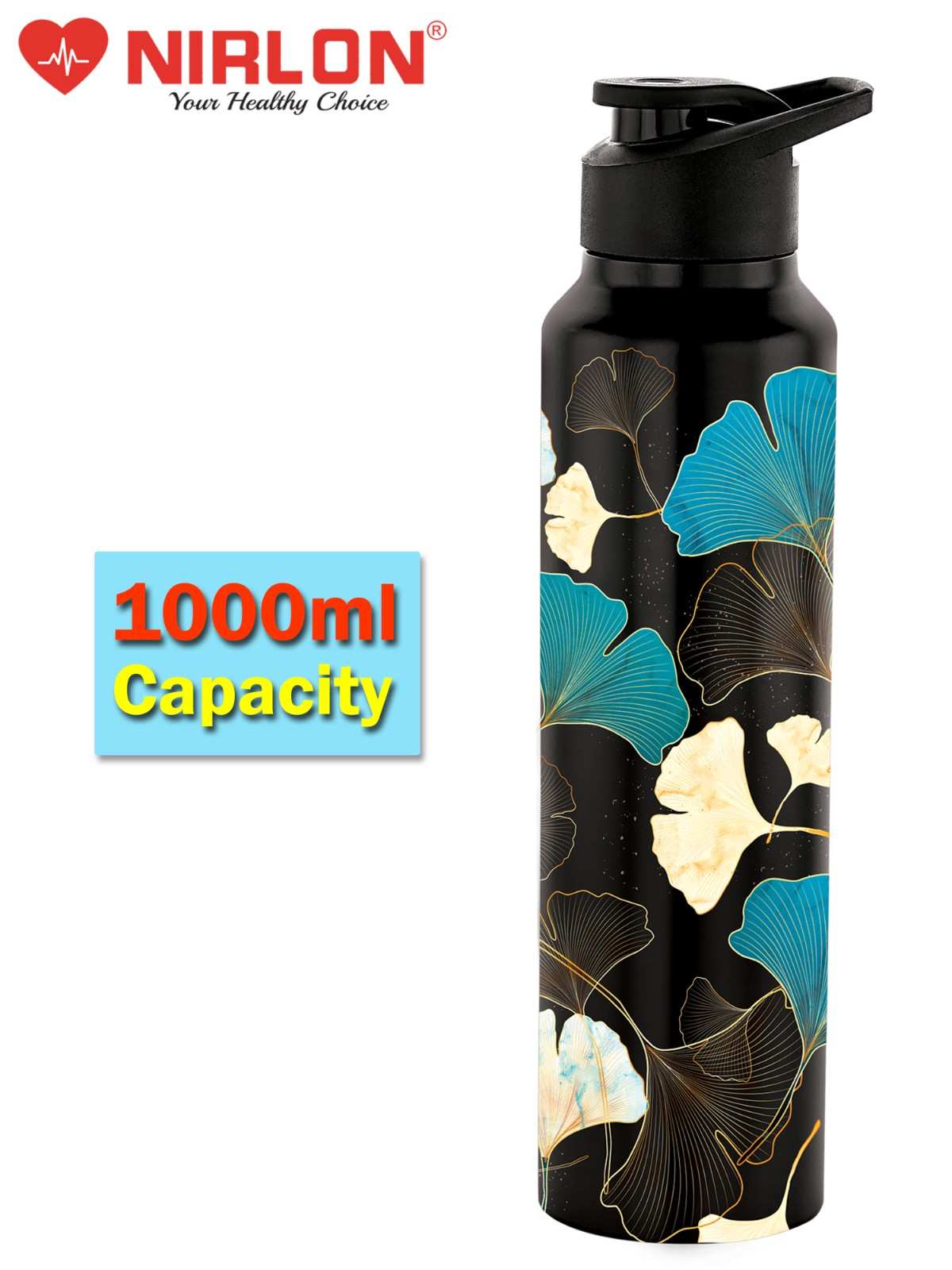 NIRLON Classic Flip UV Printed Single Wall Stainless Steel Sipper Cap Water Bottle 1000ml |Fridge Water Bottle| Office Bottle|Gym Bottle|School Bottle|Treking Bottle|Travel Bottle (Fossil Black) - Image 8