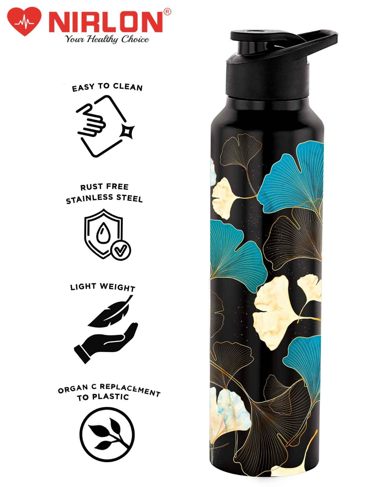 NIRLON Classic Flip UV Printed Single Wall Stainless Steel Sipper Cap Water Bottle 1000ml |Fridge Water Bottle| Office Bottle|Gym Bottle|School Bottle|Treking Bottle|Travel Bottle (Fossil Black) - Image 5