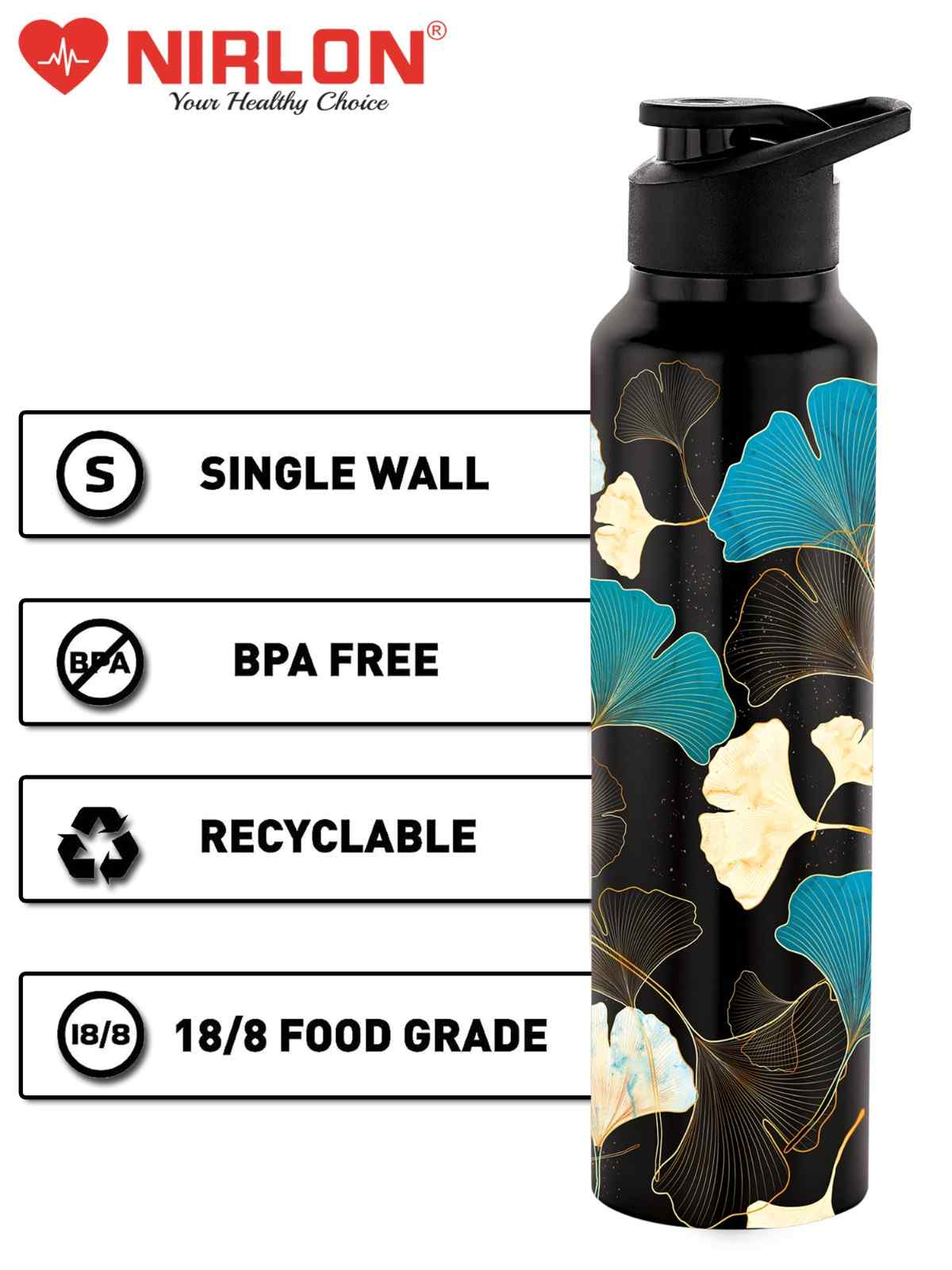 NIRLON Classic Flip UV Printed Single Wall Stainless Steel Sipper Cap Water Bottle 1000ml |Fridge Water Bottle| Office Bottle|Gym Bottle|School Bottle|Treking Bottle|Travel Bottle (Fossil Black) - Image 4