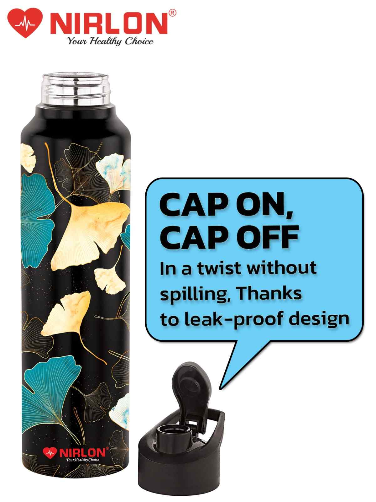 NIRLON Classic Flip UV Printed Single Wall Stainless Steel Sipper Cap Water Bottle 1000ml |Fridge Water Bottle| Office Bottle|Gym Bottle|School Bottle|Treking Bottle|Travel Bottle (Fossil Black) - Image 3