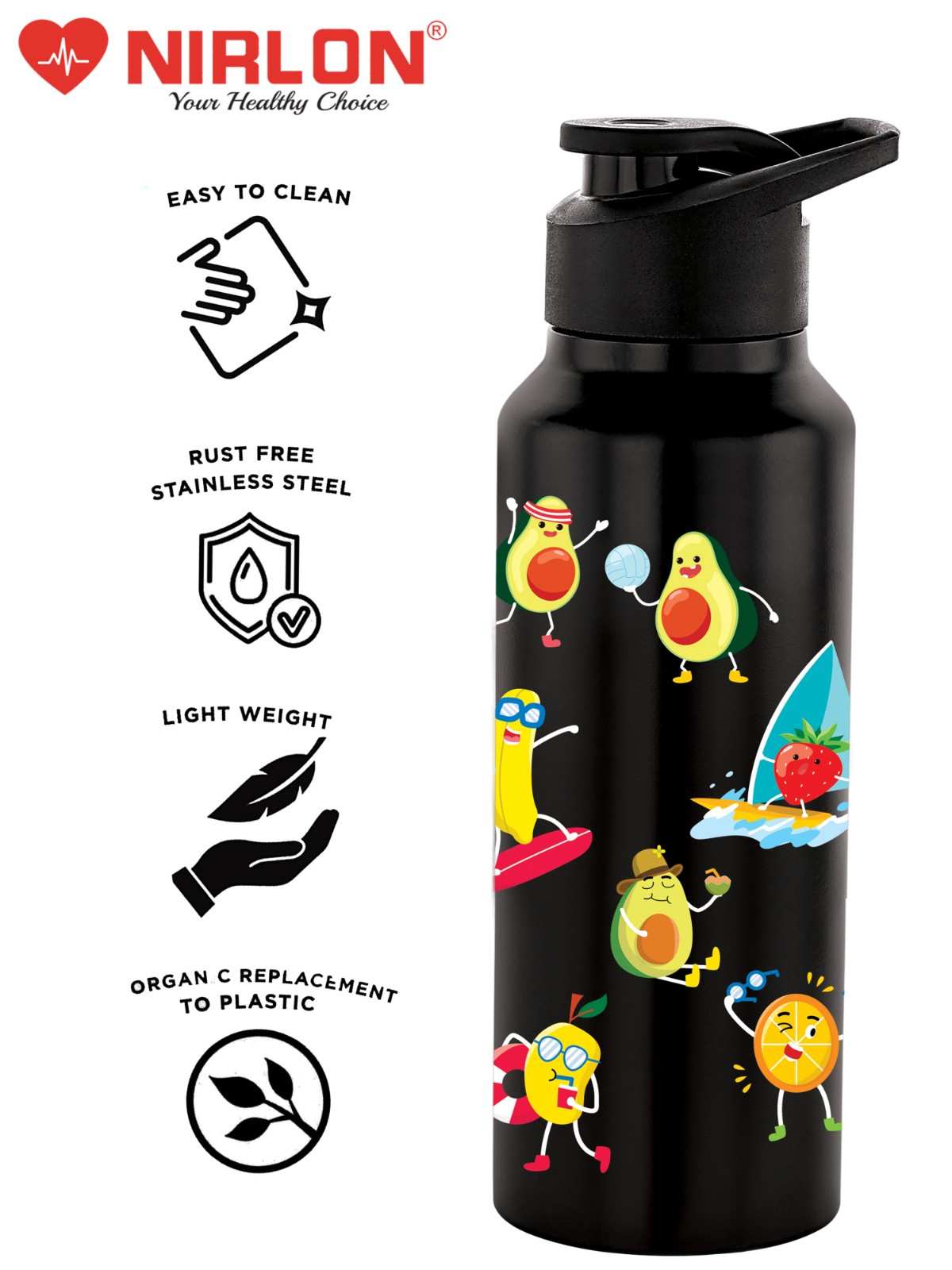 NIRLON Stainless Steel Single Walled Water Bottle 750ml Set of 1, Water Bottles For Fridge, School,Gym,Home,office,Boys, Girls, Kids, Leak Proof (UV Printed Bottle, Frutas, Sipper Cap) - Image 6