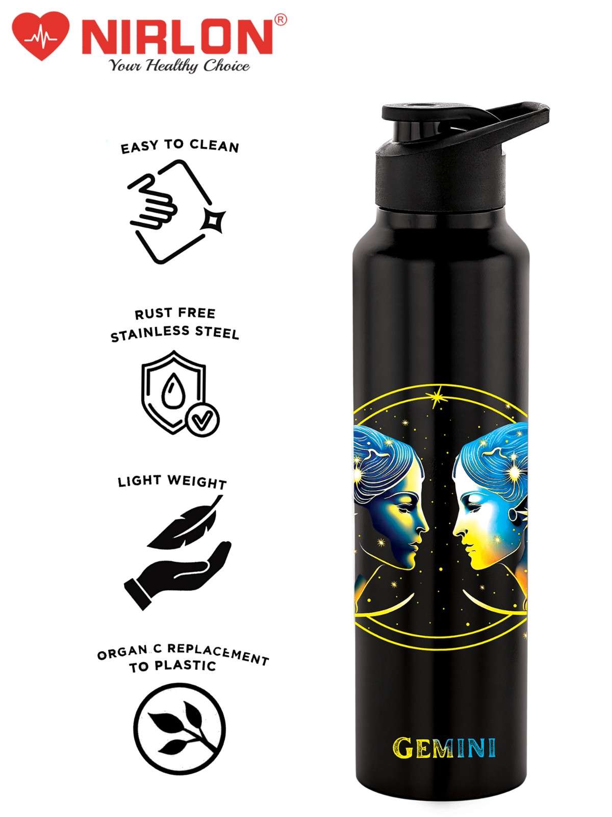 NIRLON Classic Flip UV Printed Single Wall Stainless Steel Sipper Cap Water Bottle 1000ml |Fridge Water Bottle|Office Bottle|Gym Bottle|School Bottle|Treking Bottle|Travel Bottle(Genimi) - Image 6