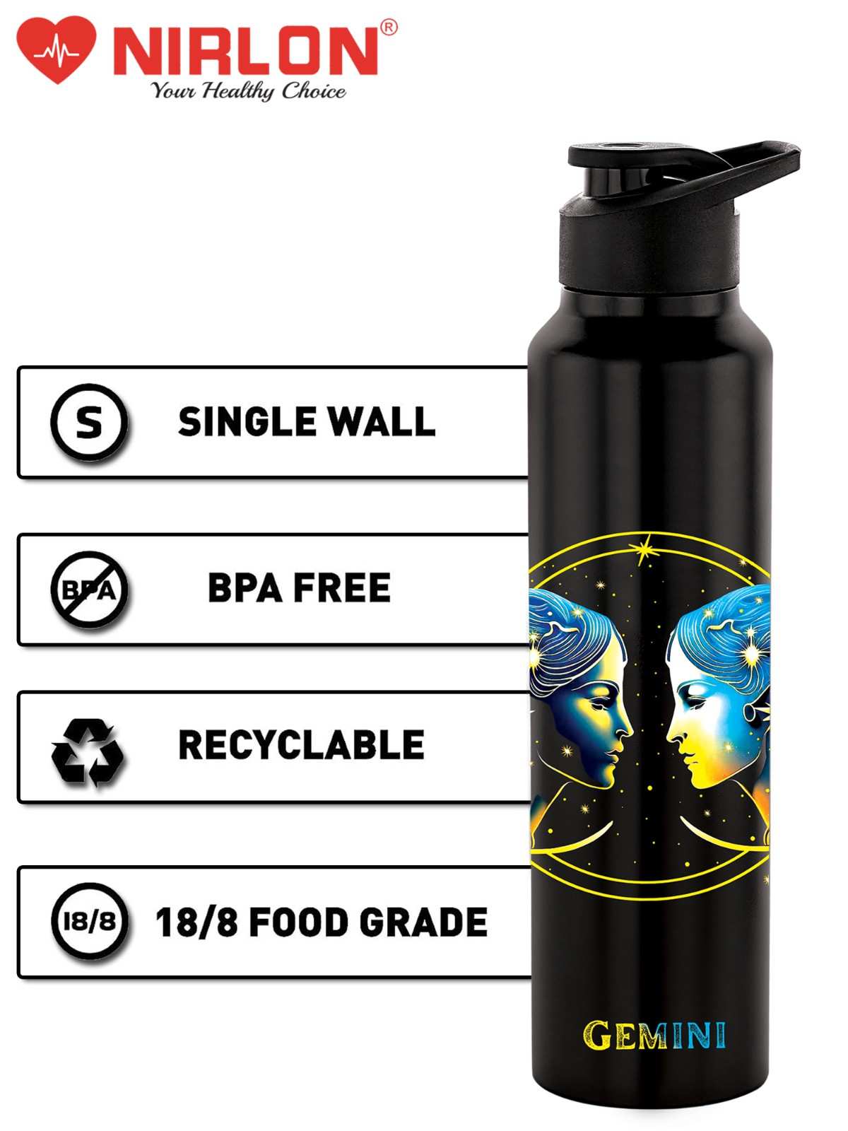 NIRLON Classic Flip UV Printed Single Wall Stainless Steel Sipper Cap Water Bottle 1000ml |Fridge Water Bottle|Office Bottle|Gym Bottle|School Bottle|Treking Bottle|Travel Bottle(Genimi) - Image 5