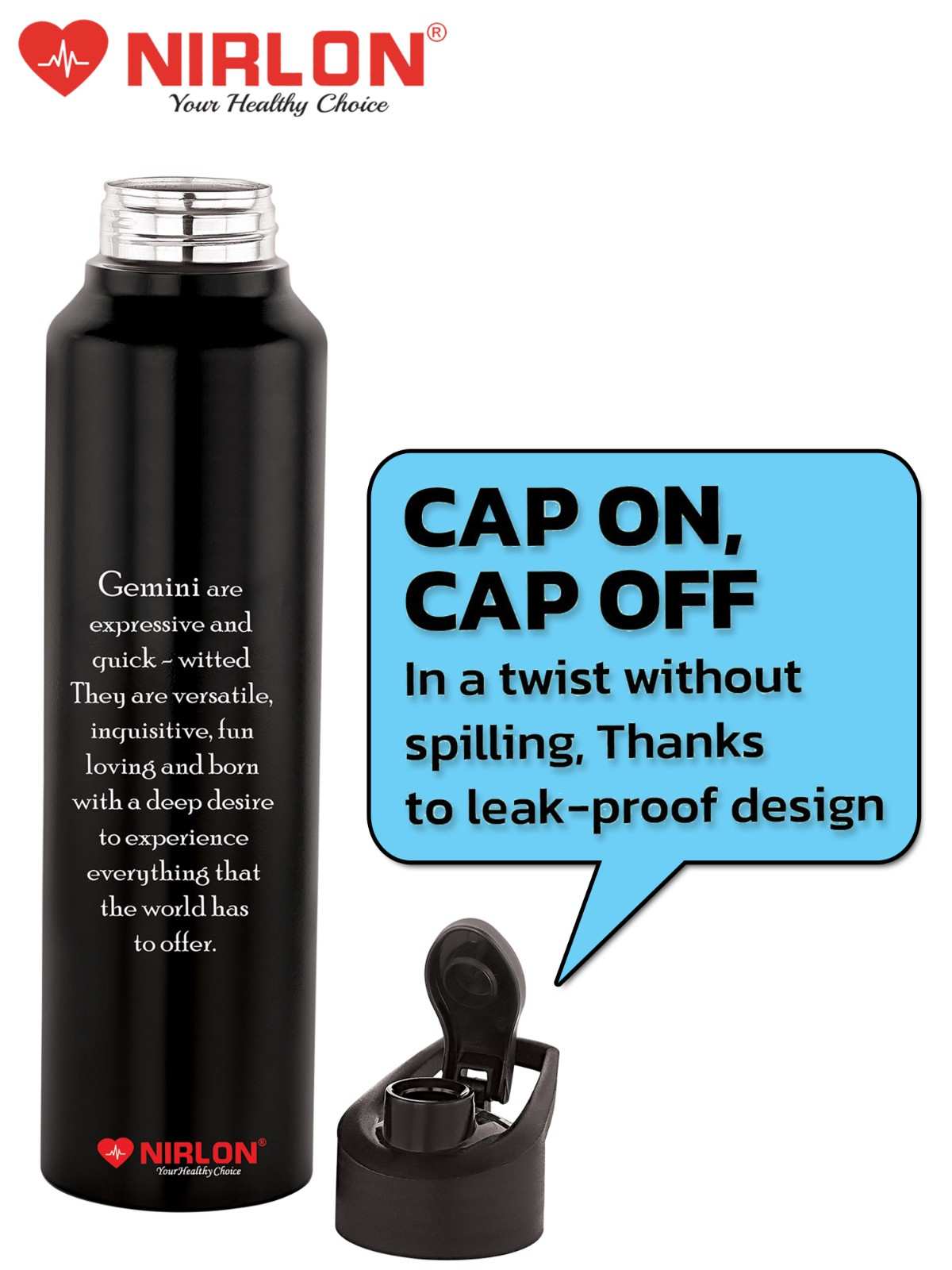 NIRLON Classic Flip UV Printed Single Wall Stainless Steel Sipper Cap Water Bottle 1000ml |Fridge Water Bottle|Office Bottle|Gym Bottle|School Bottle|Treking Bottle|Travel Bottle(Genimi) - Image 4