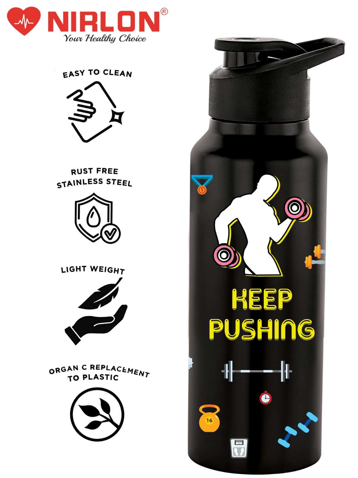 NIRLON Stainless Steel Single Walled Water Bottle 750ml, Water Bottles For Fridge, School,Gym,Home,office,Boys, Girls, Kids, Leak Proof (UV Printed Bottle, Keep Pushing, Sipper Cap) - Image 6