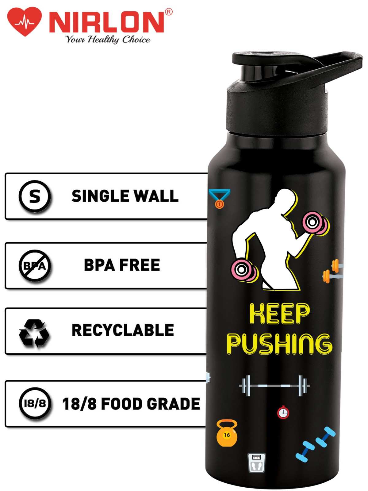 NIRLON Stainless Steel Single Walled Water Bottle 750ml, Water Bottles For Fridge, School,Gym,Home,office,Boys, Girls, Kids, Leak Proof (UV Printed Bottle, Keep Pushing, Sipper Cap) - Image 5