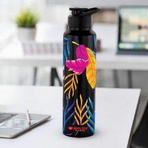 NIRLON Classic Flip UV Printed Single Wall Stainless Steel Sipper Cap Water Bottle 1000ml |Fridge Water Bottle| Office Bottle|Gym Bottle|School Bottle|Treking Bottle|Travel Bottle (Lucid Black)