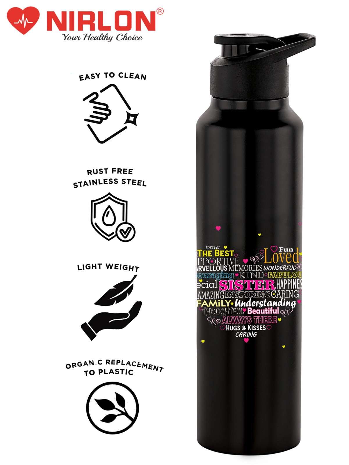 NIRLON Classic Flip UV Printed Single Wall Stainless Steel Sipper Cap Water Bottle 1000ml |Fridge Water Bottle| Office Bottle|Gym Bottle|School Bottle|Treking Bottle|Travel Bottle (Sister Design) - Image 6