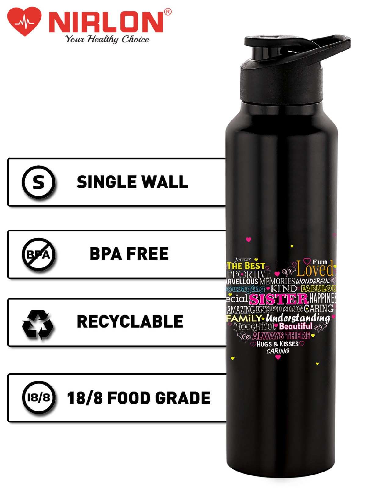 NIRLON Classic Flip UV Printed Single Wall Stainless Steel Sipper Cap Water Bottle 1000ml |Fridge Water Bottle| Office Bottle|Gym Bottle|School Bottle|Treking Bottle|Travel Bottle (Sister Design) - Image 5