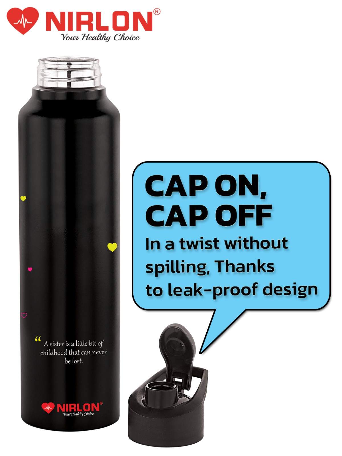 NIRLON Classic Flip UV Printed Single Wall Stainless Steel Sipper Cap Water Bottle 1000ml |Fridge Water Bottle| Office Bottle|Gym Bottle|School Bottle|Treking Bottle|Travel Bottle (Sister Design) - Image 4