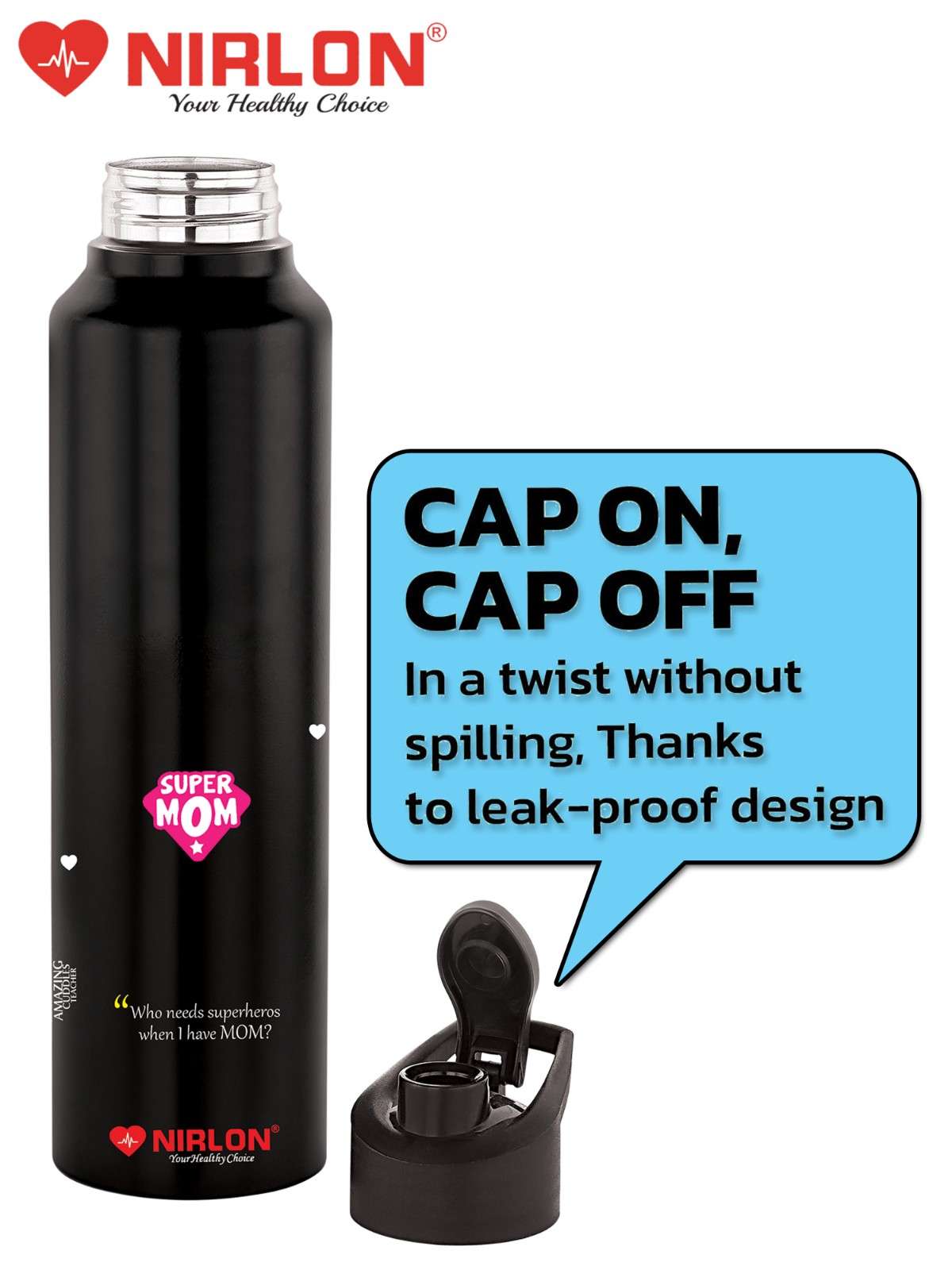 NIRLON Classic Flip UV Printed Single Wall Stainless Steel Sipper Cap Water Bottle 1000ml |Fridge Water Bottle| Office Bottle|Gym Bottle|School Bottle|Treking Bottle|Travel Bottle (Super Mom Design) - Image 4
