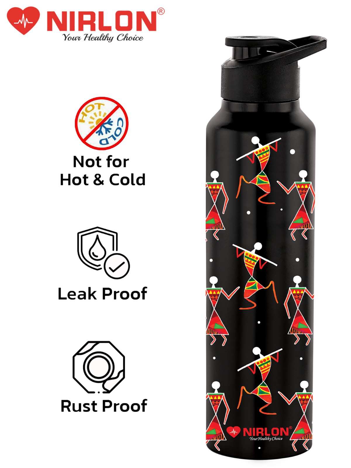 NIRLON Classic Flip UV Printed Single Wall Stainless Steel Sipper Cap Water Bottle 1000ml |Fridge Water Bottle| Office Bottle|Gym Bottle|School Bottle|Treking Bottle|Travel Bottle (Warli Art Black) - Image 6