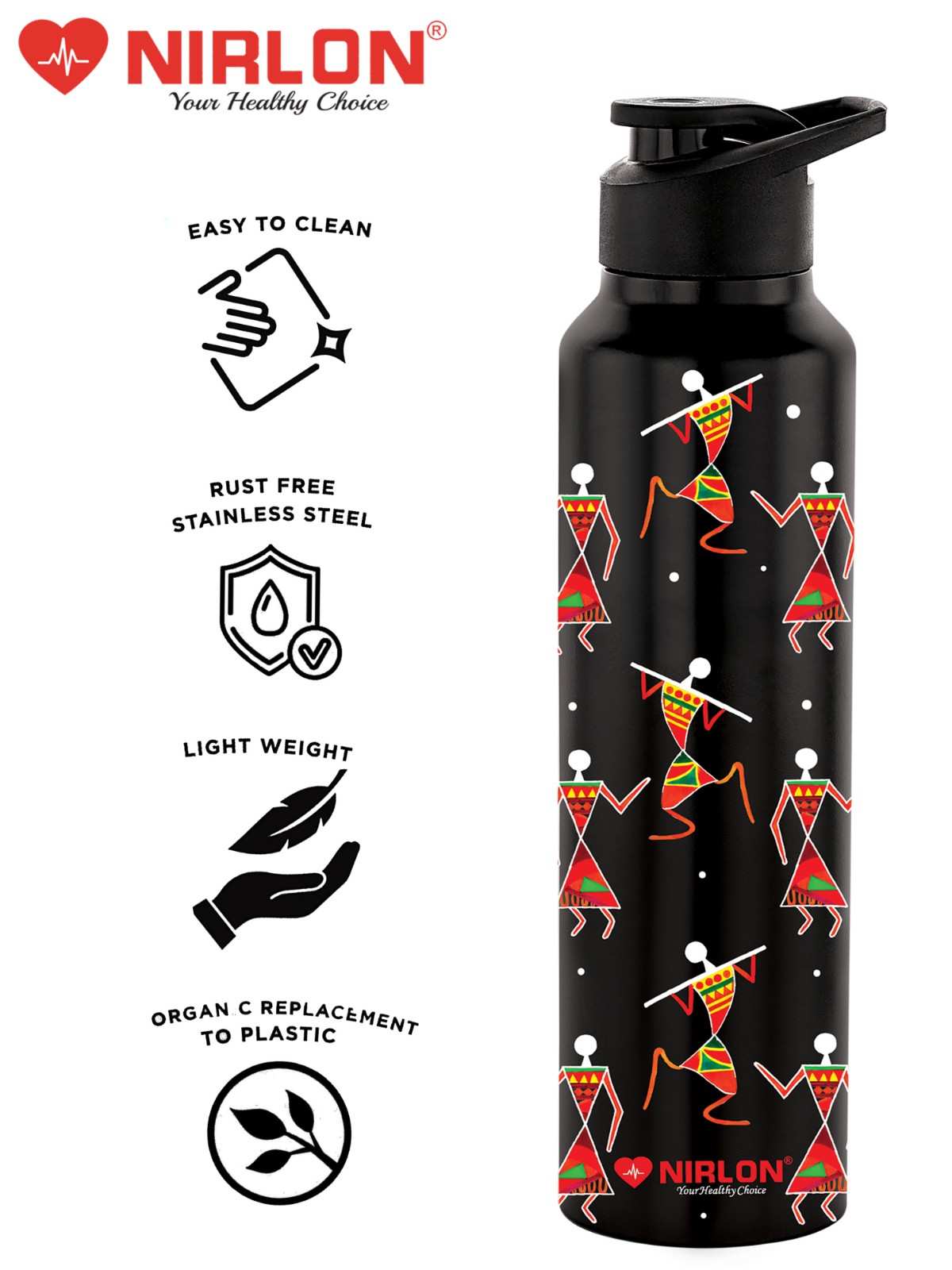 NIRLON Classic Flip UV Printed Single Wall Stainless Steel Sipper Cap Water Bottle 1000ml |Fridge Water Bottle| Office Bottle|Gym Bottle|School Bottle|Treking Bottle|Travel Bottle (Warli Art Black) - Image 5